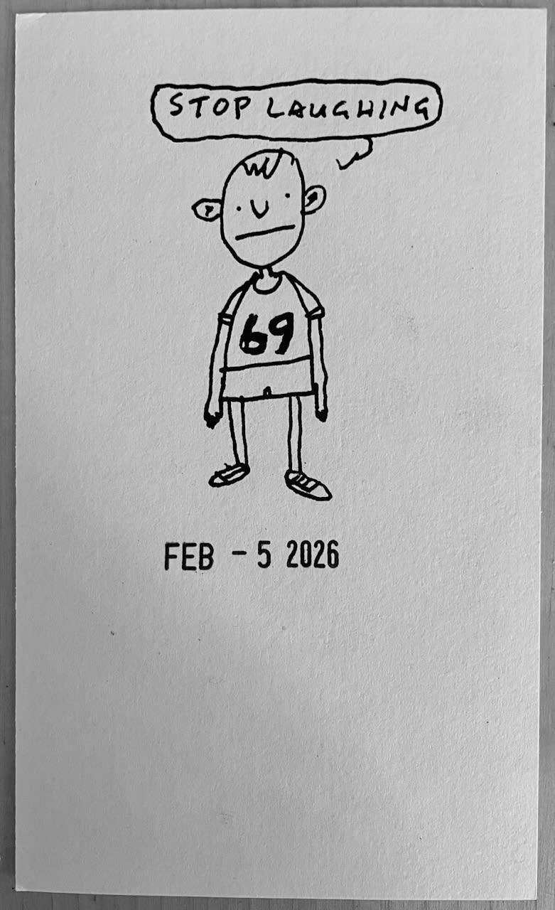 cartoon of a kid in a t-shirt with the number 69 on it, saying "stop laughing"