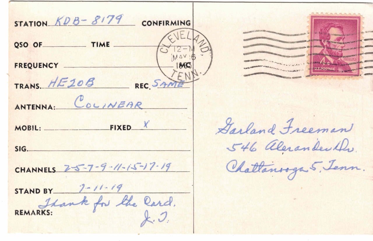 QSL card back from Huffine Radiator Service, Cleveland Tennessee.