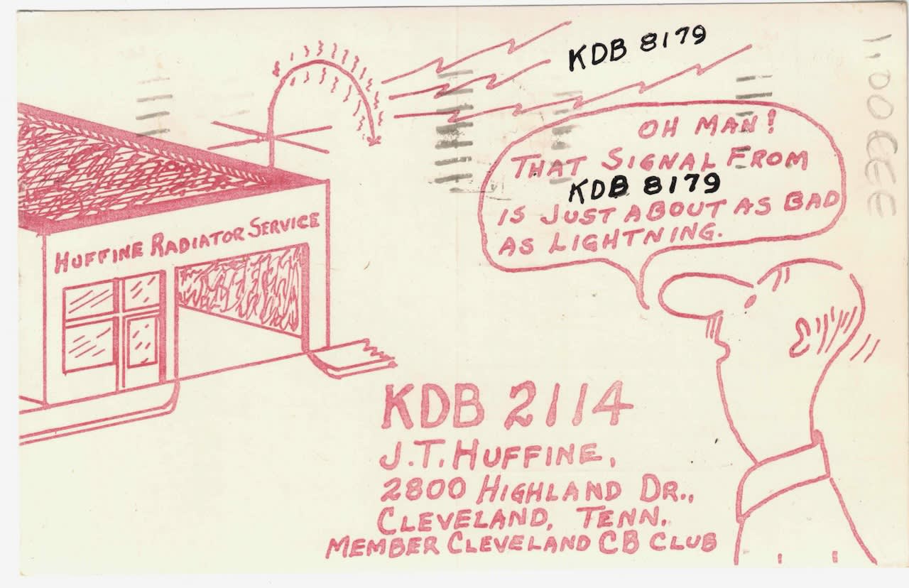 QSL card from Huffine Radiator Service, Cleveland Tennessee.