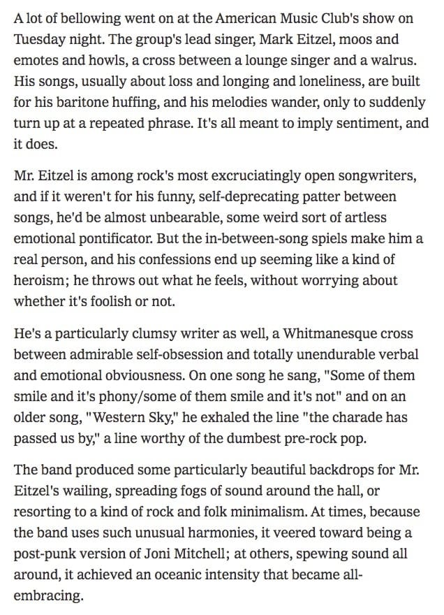 NYT review of American Music Club 1993 Irving Plaza show by Peter Watrous