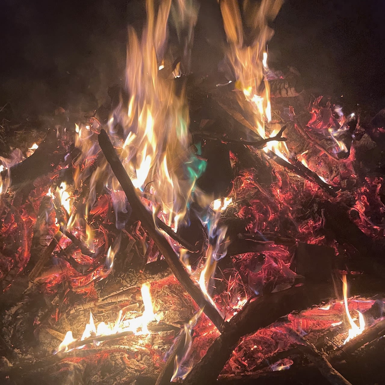 cool colored flames in a bonfore, photo by David Rhoden