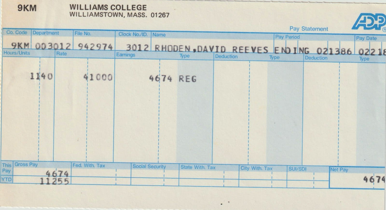 pay stub from Williams College dining hall, 1986.