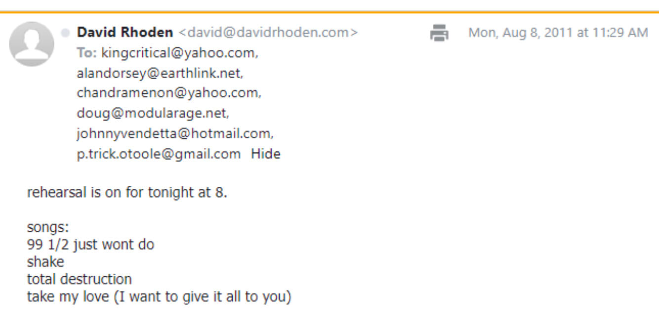 The Dave Rhoden Band planned a rehearsal.