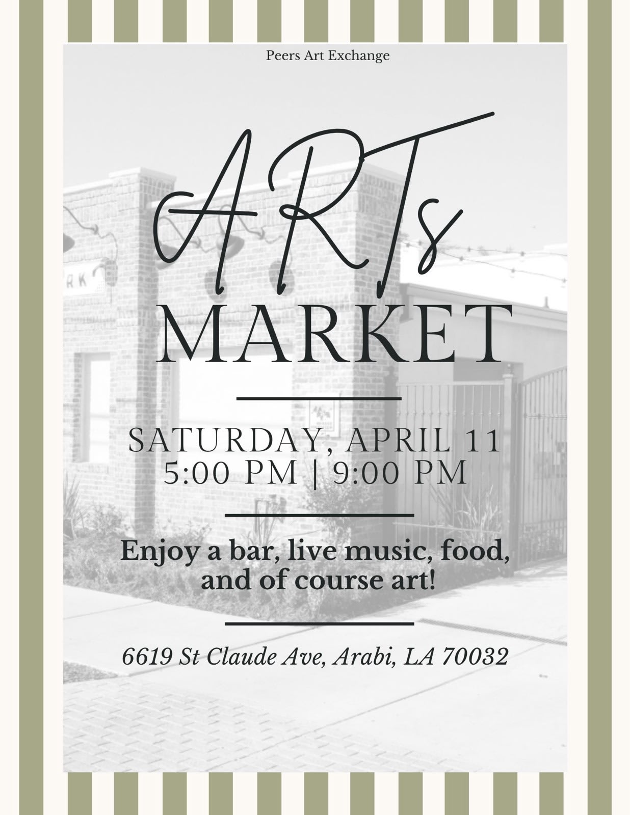 digital flyer for arts market in Arabi saturday April 11, 2026.