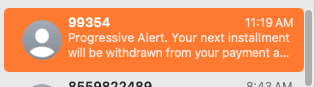 screenshot of alert for Progressive insurance, not an alert aimed at progressives, which is what I thought it was at first.