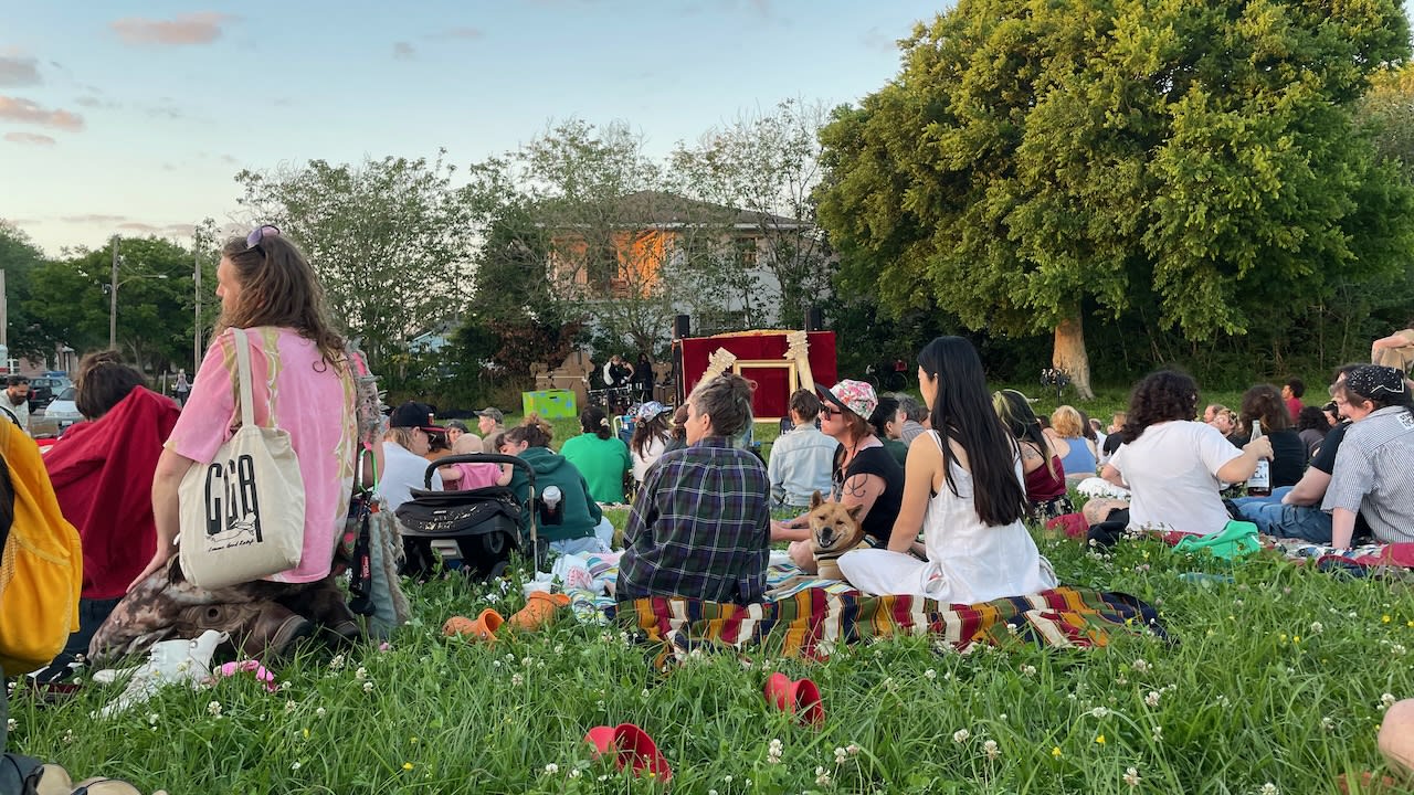crowd on levee for Night At The Grand Opera (puppet show)