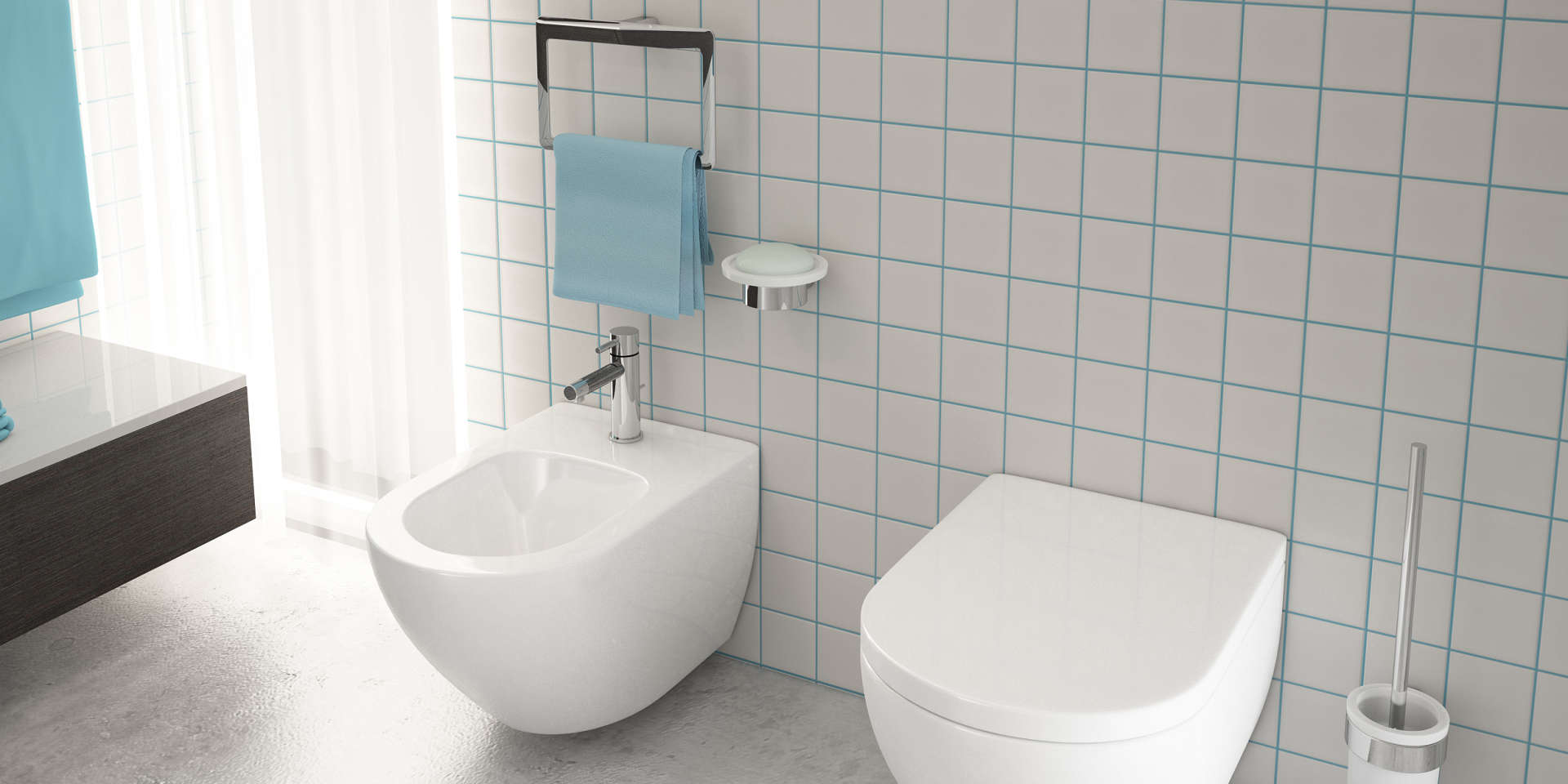Retro og minimalistisk badeværelse med badeværelsestilbehør samt håndklædeholder fra Hefe.