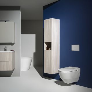 Blåt badeværelse med Laufen Navia væghængt duschtoilettet