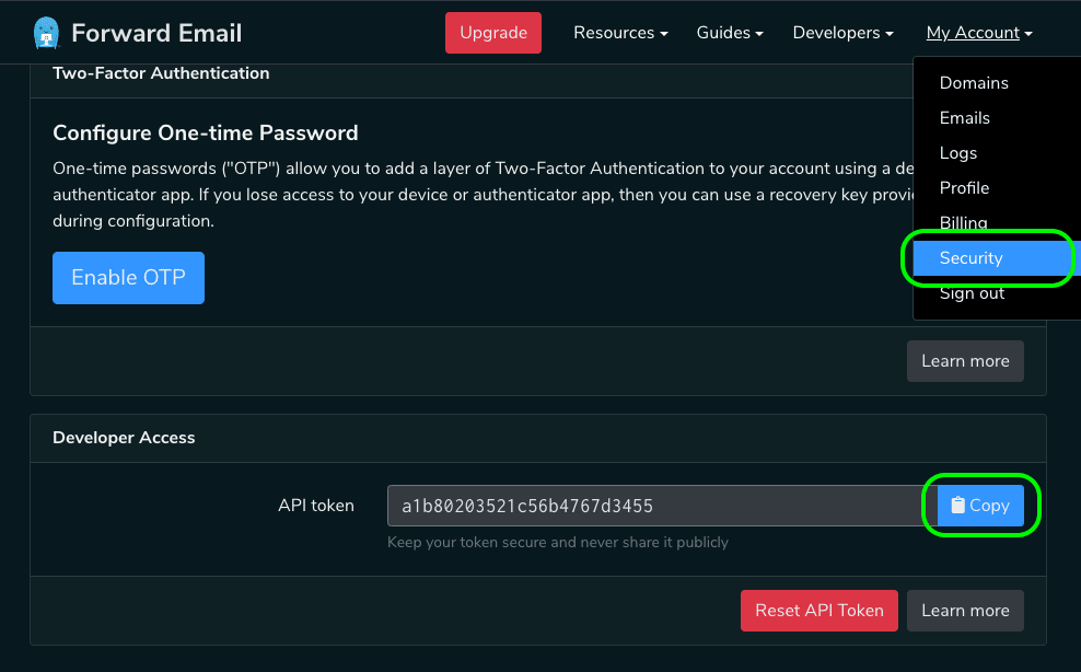 Copy Forward Email API token