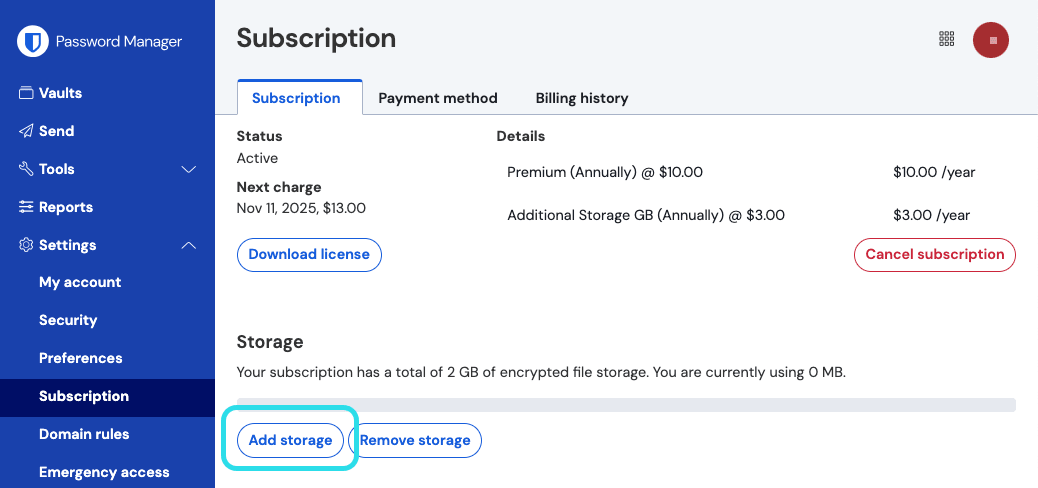 Add storage to individual vault