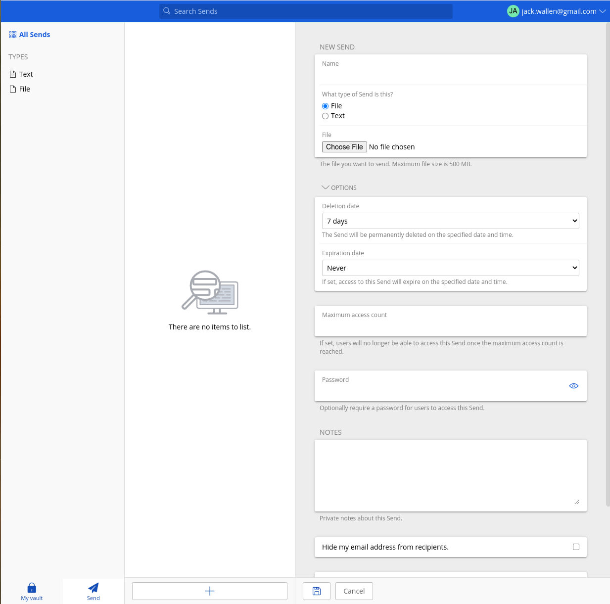 Figure 2: Creating a Send within the Bitwarden desktop app.