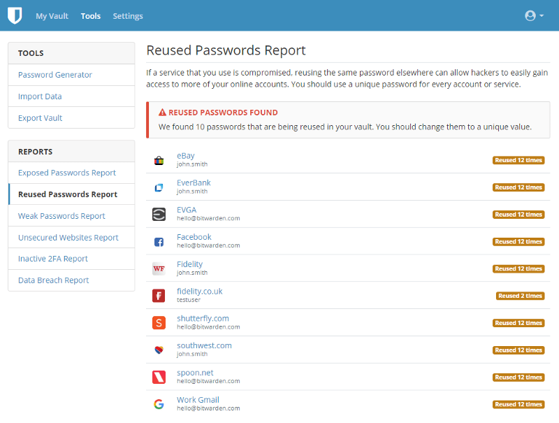 Reused Bitwarden passwords report