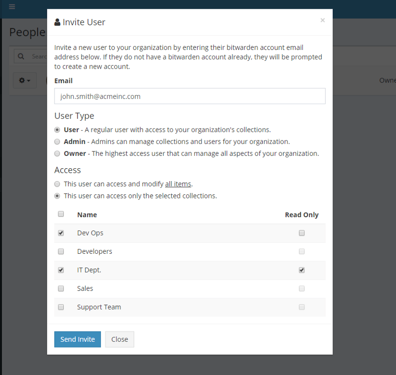 Popup modal for inviting a new user to an organization