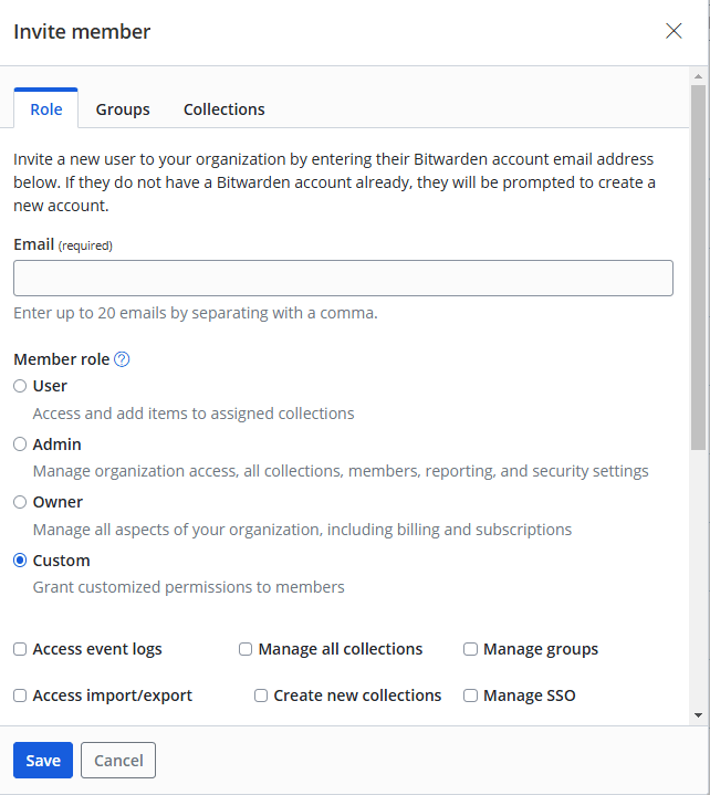 Popup modal for inviting a new user to an organization