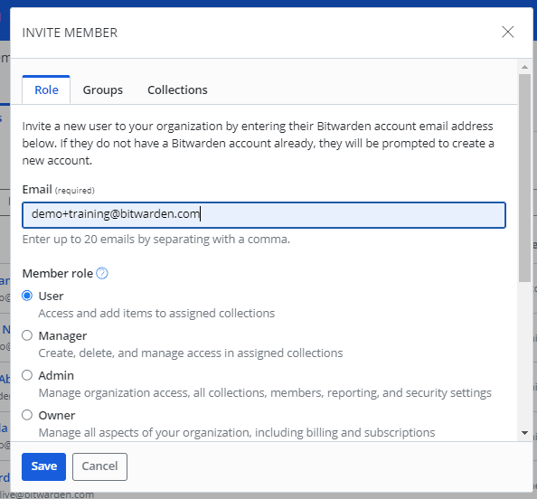 Popup modal for inviting a new user to an organization