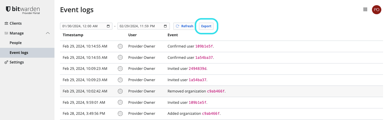 Export Provider event logs 