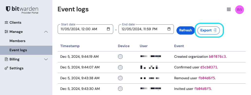 Export Provider event logs