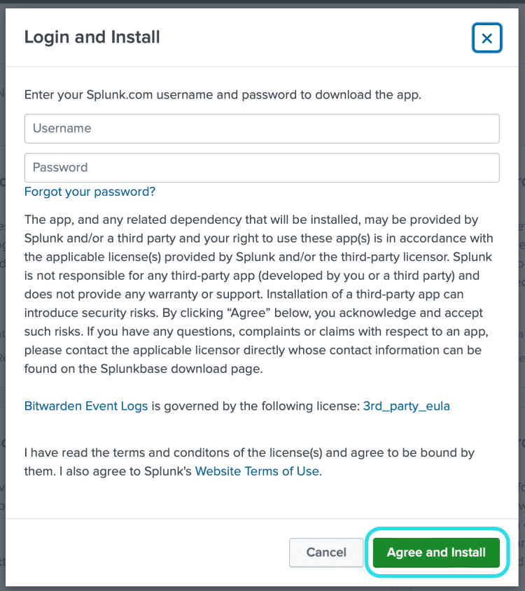 Login and install Bitwarden app on Splunk