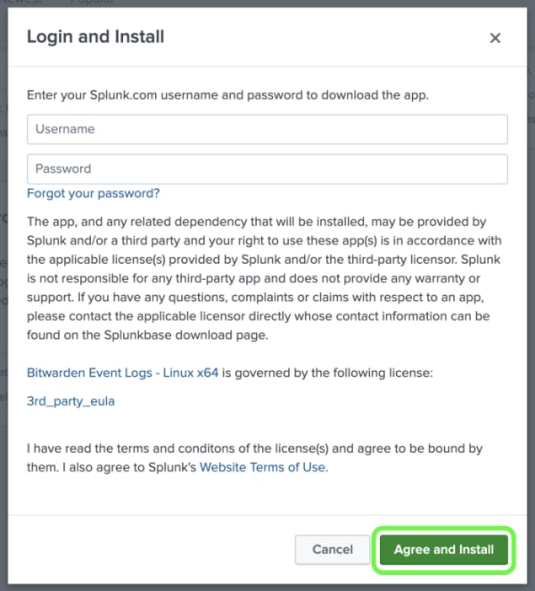 Login and install Bitwarden app on Splunk