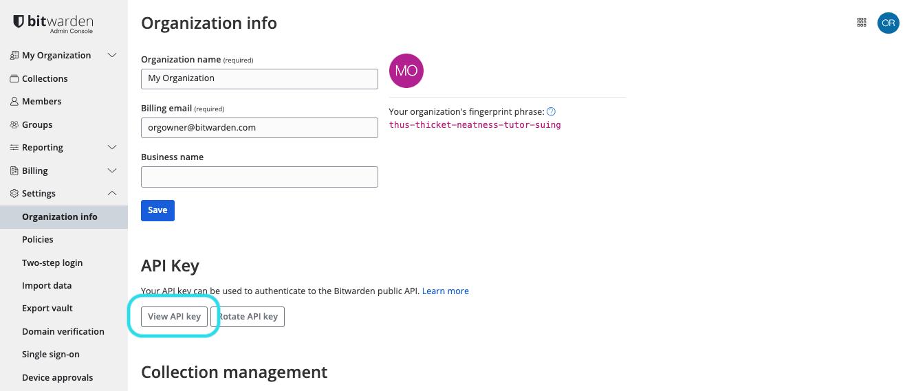 Obtenez la clé API de l'organisation 