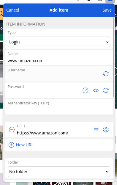 Figure 2: Adding a vault item entry for amazon.com in the Bitwarden browser extension.