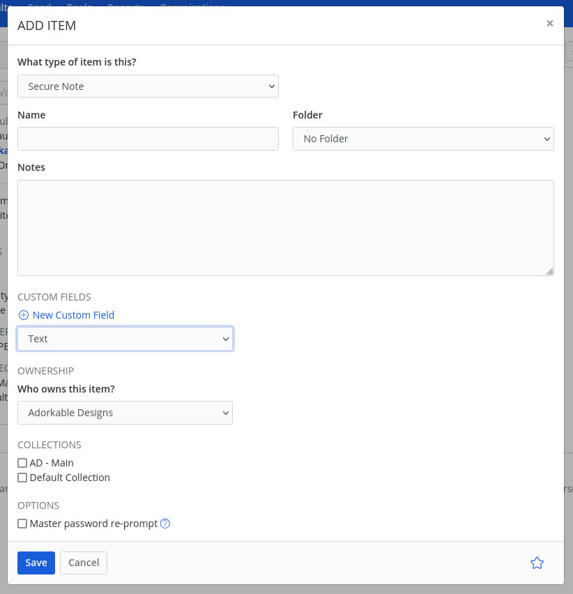 Figure 4: Creating a Secure Note to be saved in our new Organization - Figure 4