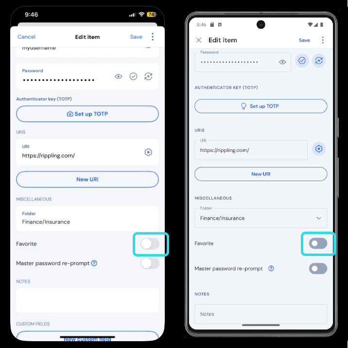 Favorite an item on mobile