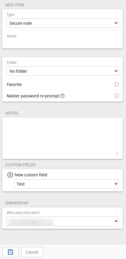 Figure 3: The Bitwarden Secure Note creation window.