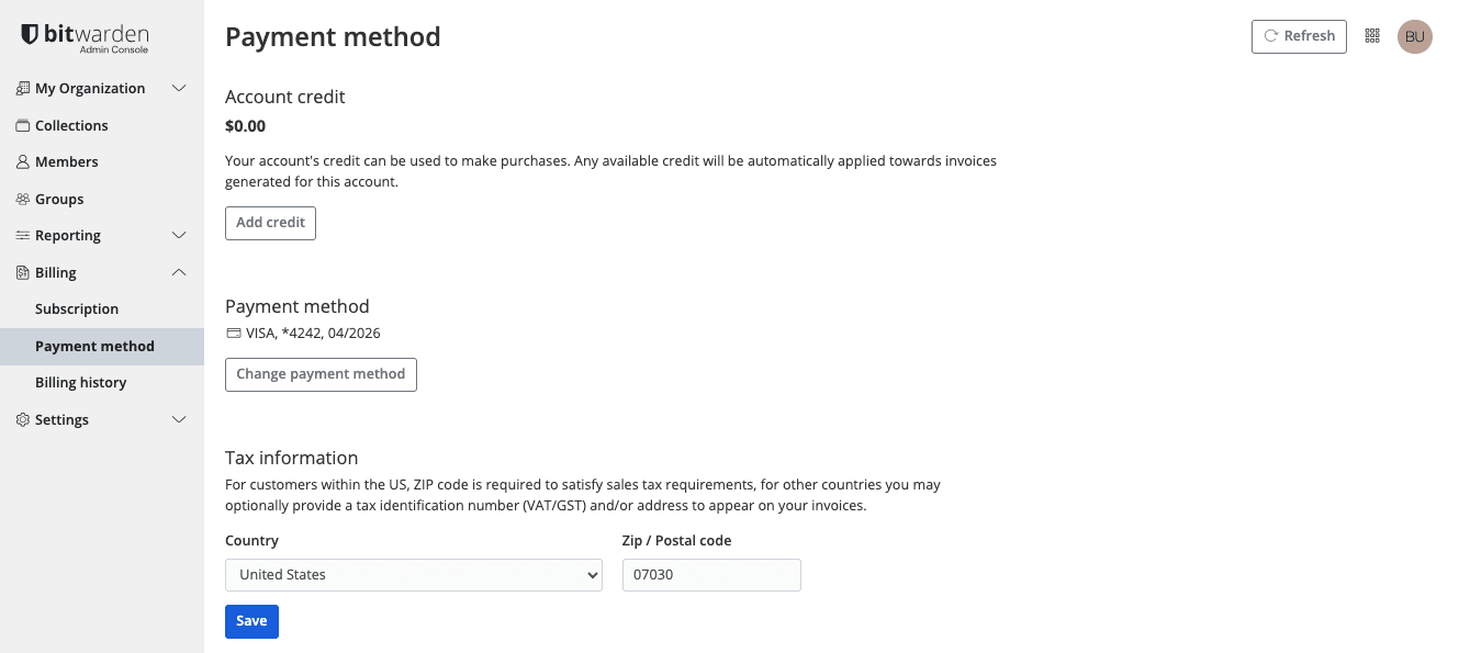 Organization payment method