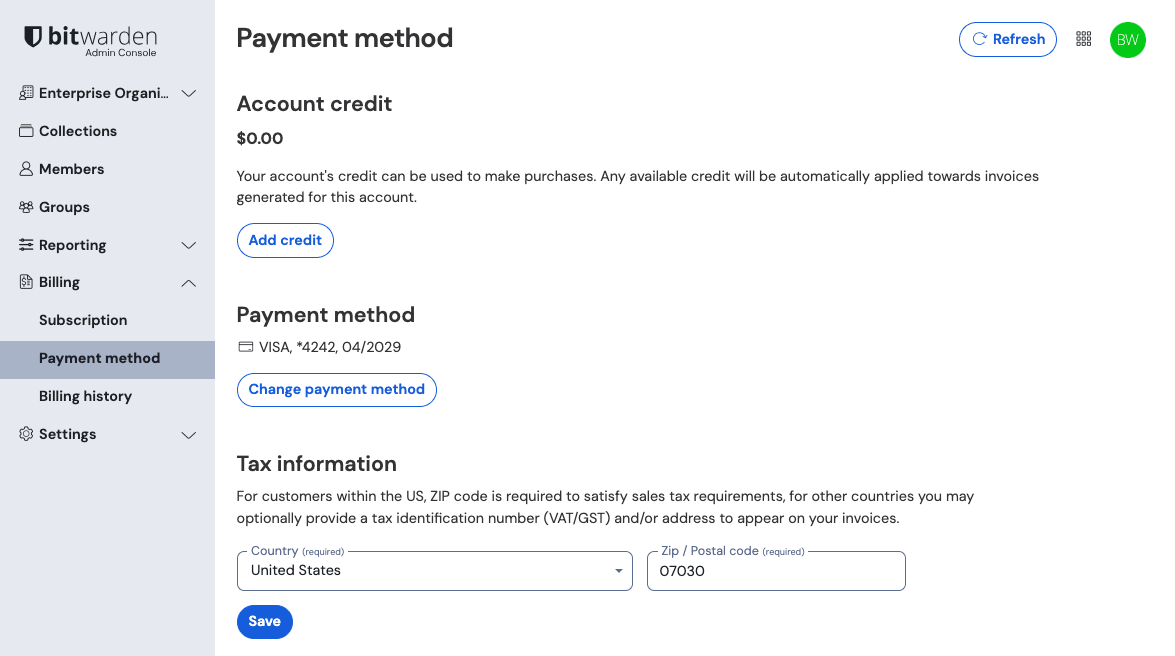 Organization payment method