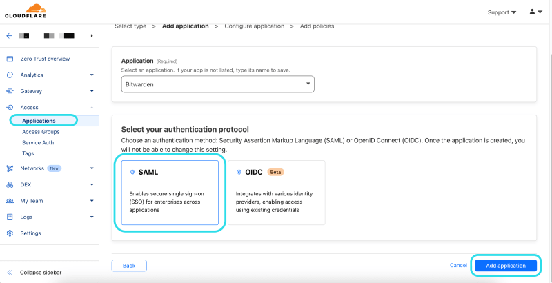Add an application Cloufflare Zero Trust