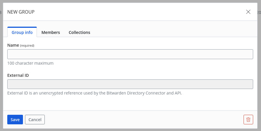 Figure 2 - The NEW GROUP popup window in the Bitwarden web vault