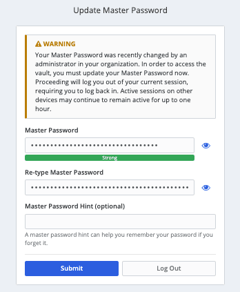 Update to Admin Password Reset - Requires a new master password to be set by the user
