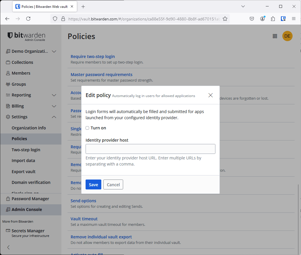 The policy window to turn on Automatically log in users for allowed applications