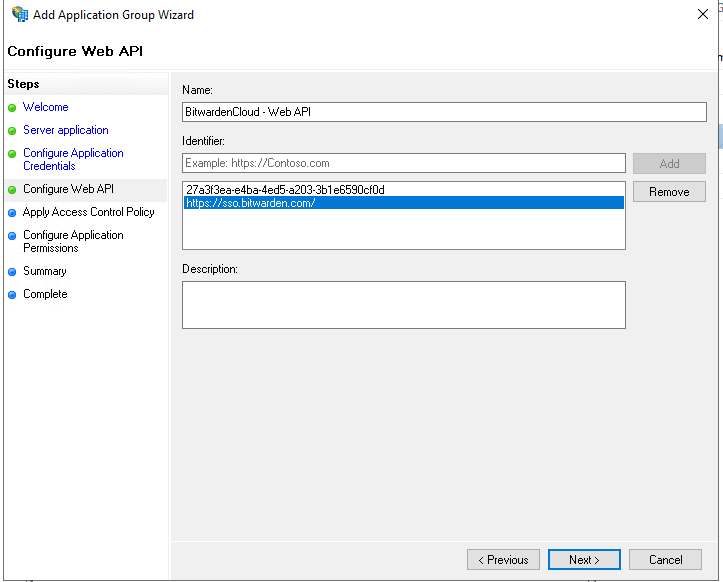 Pantalla de configuración de AD FS para API web