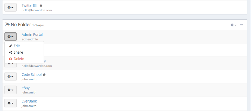 To move a login from your personal vault to an organization, select the Share option from your vault.