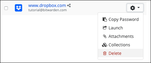 Select an item in your Bitwarden vault and choose delete