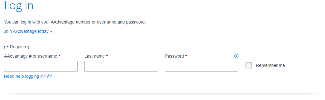 Example of an AAdvantage login that needs extra input