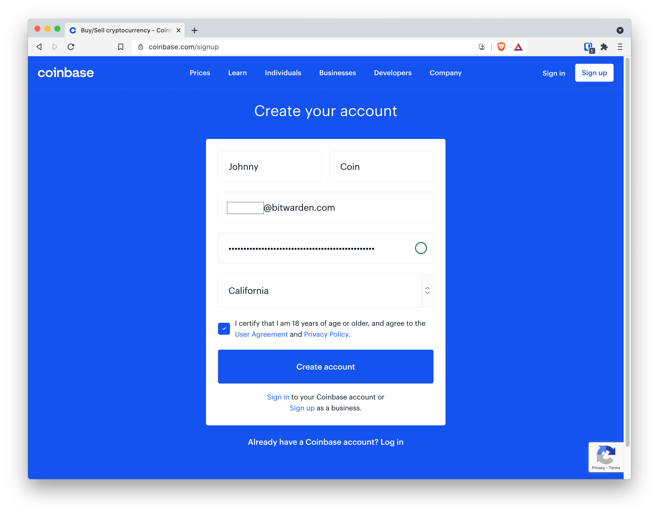Creating your Coinbase account securely with an extra long password from your password manager
