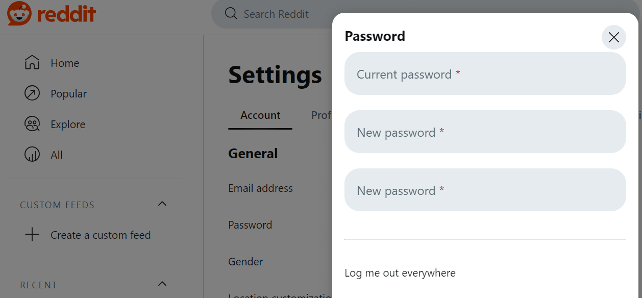 Enter new password on Reddit