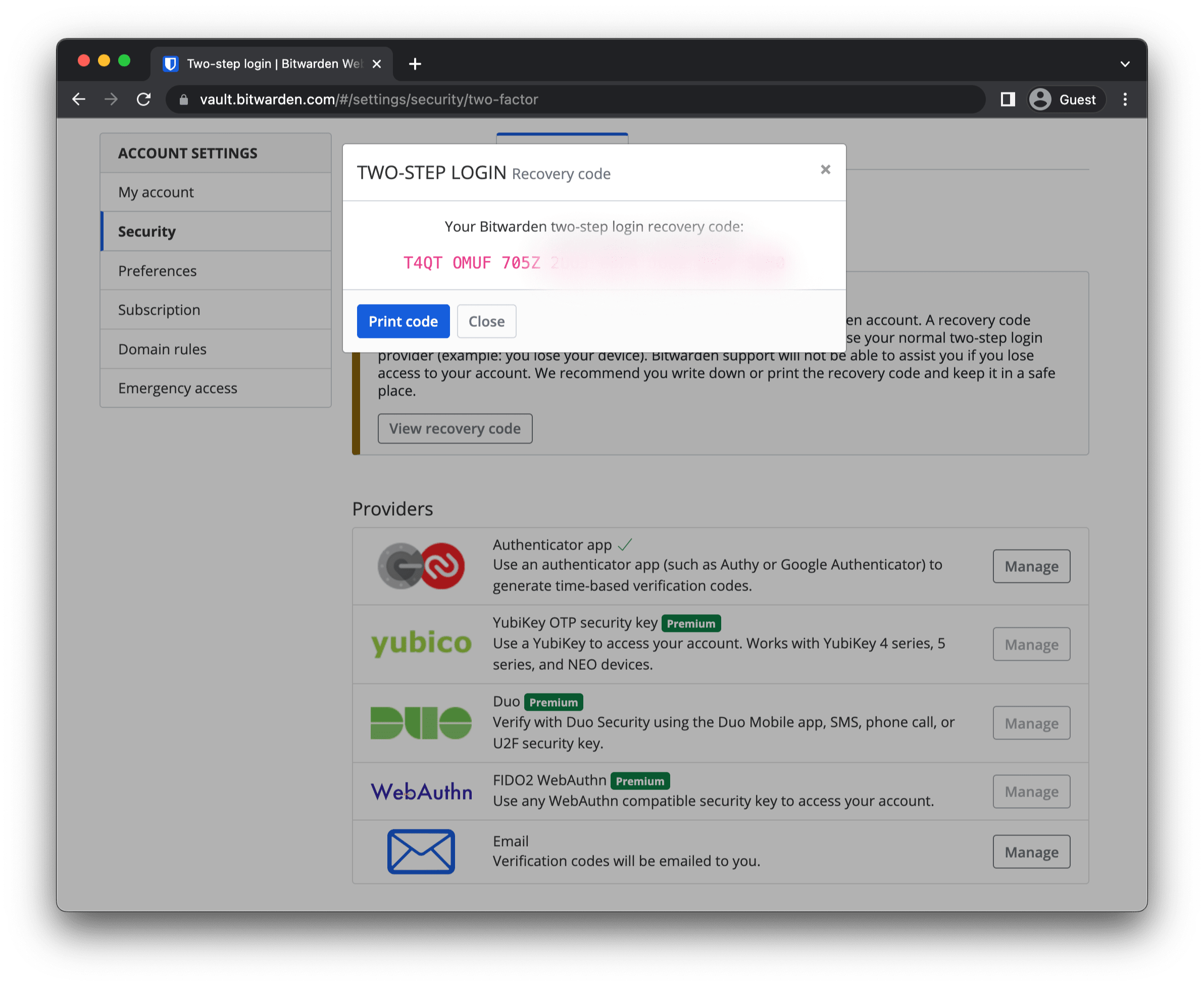 The Two-Step Login Recovery Code within Bitwarden