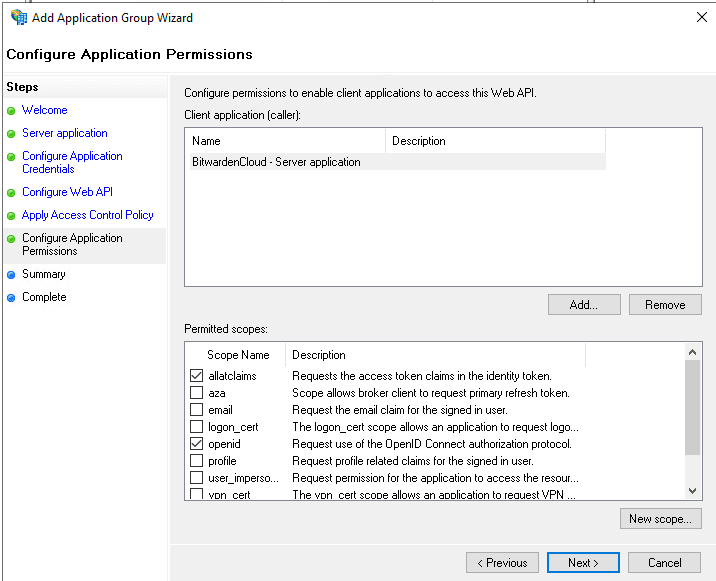 AD FS Configure Application Permissions screen