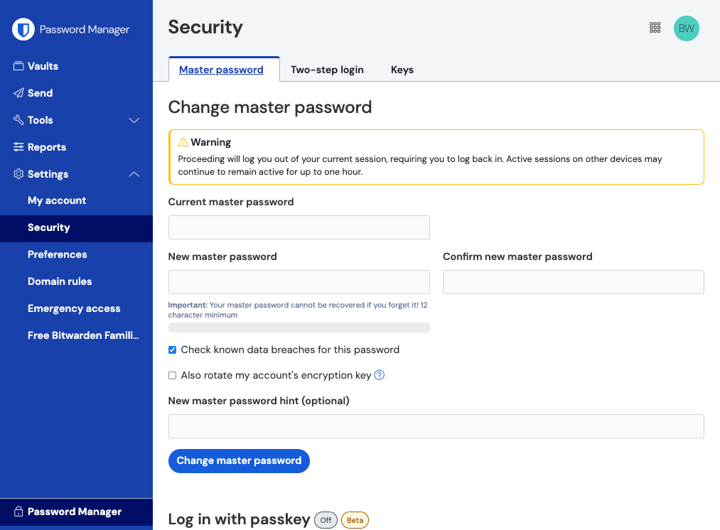 Master password settings