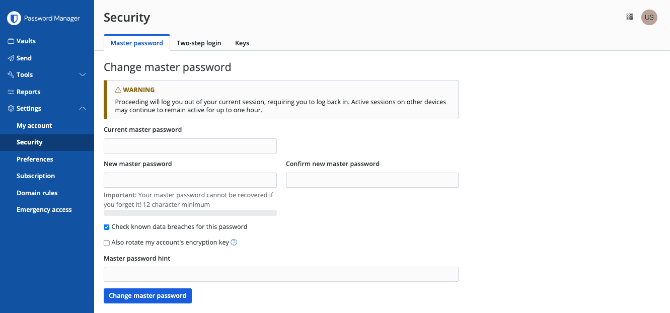 Master password settings