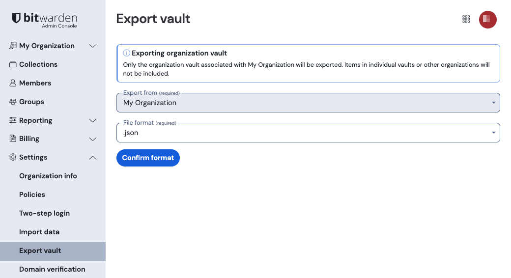 Export organization vault