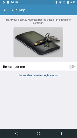 Logging into the Android mobile vault with YubiKey NEO