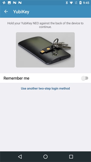 Logging into the Android mobile vault with YubiKey NEO