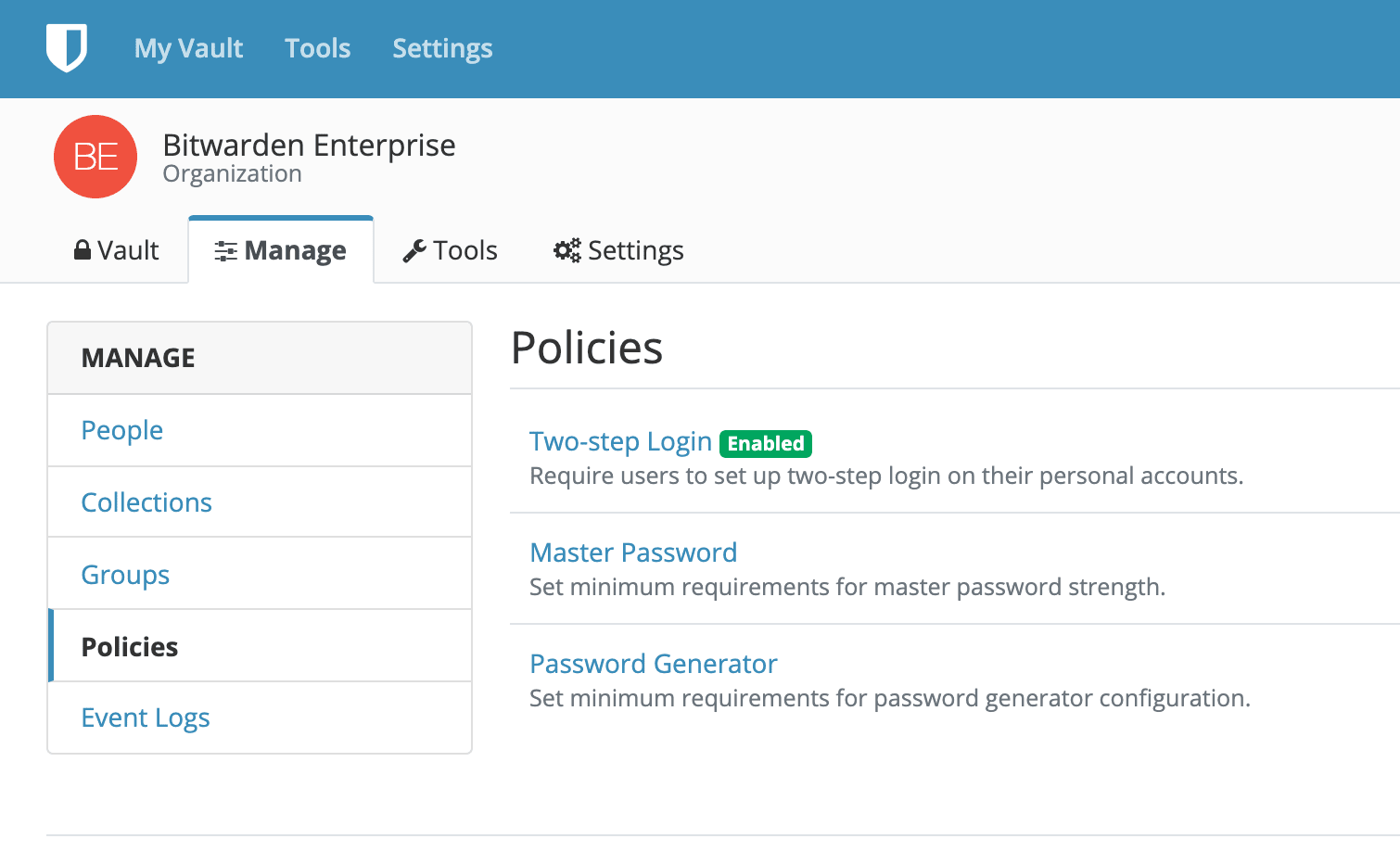 Enabling policies such as Two-step Login, Master Password, and Password Generator