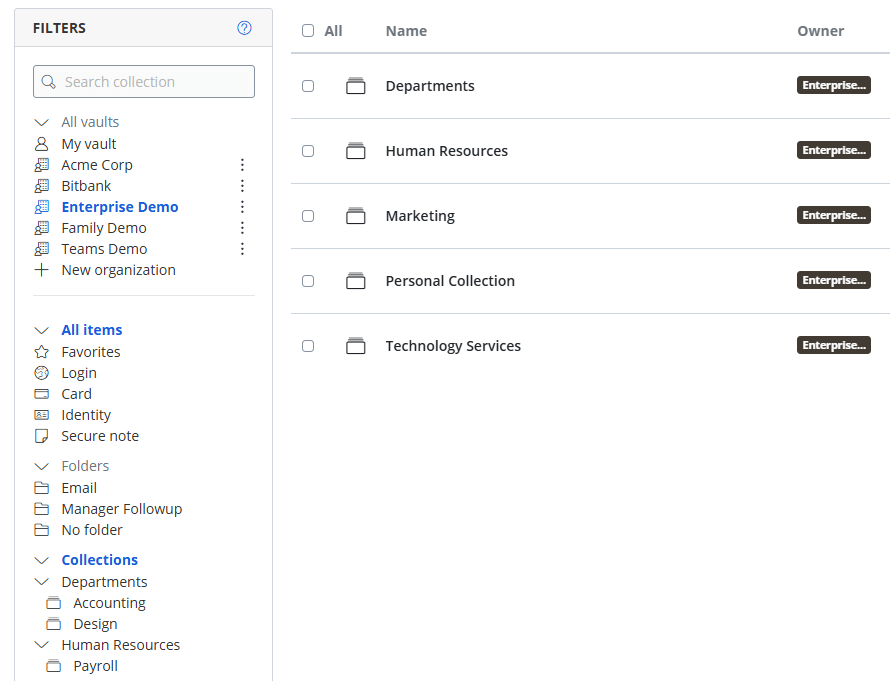 Collections listing for an organization