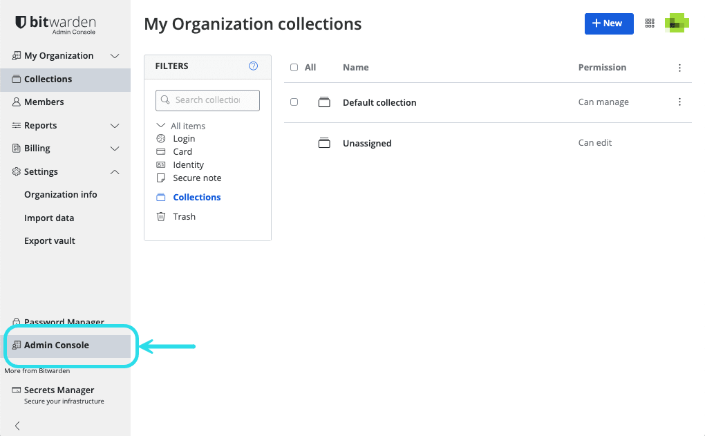 Admin Console vault export